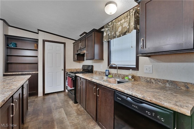 kitchen featuring dark wood-type flooring, black appliances, crown molding, sink, and vaulted ceiling