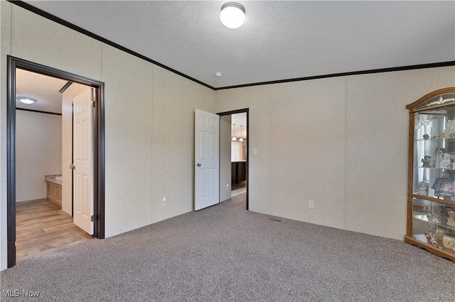 empty room with a textured ceiling, crown molding, and light carpet