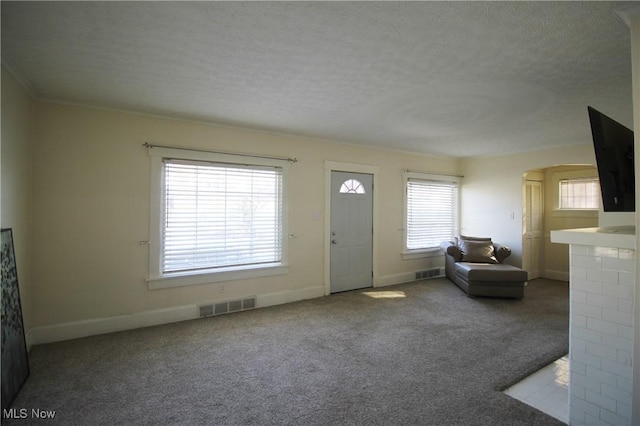 foyer with carpet flooring and a textured ceiling