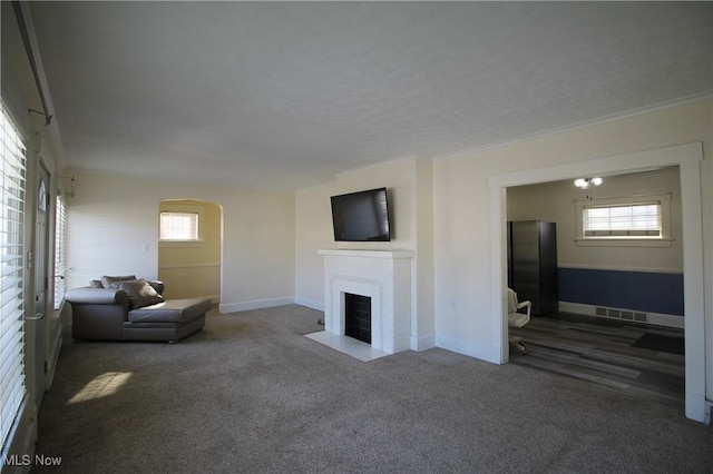 carpeted living room with a textured ceiling