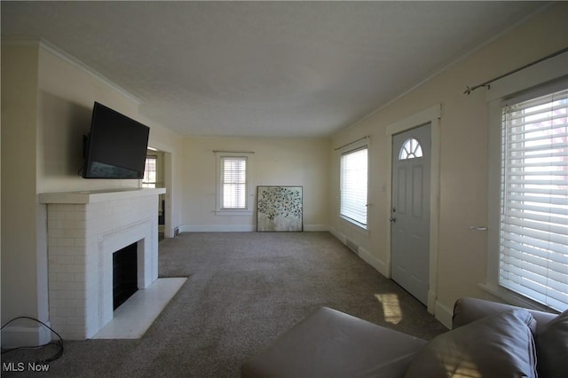 living room with a fireplace and carpet floors