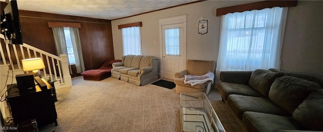 carpeted living room featuring wood walls, crown molding, and a textured ceiling