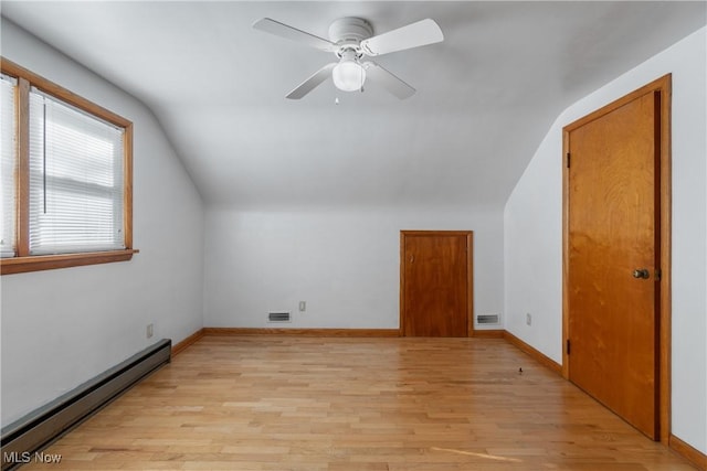 bonus room with ceiling fan, light wood-type flooring, lofted ceiling, and a baseboard heating unit