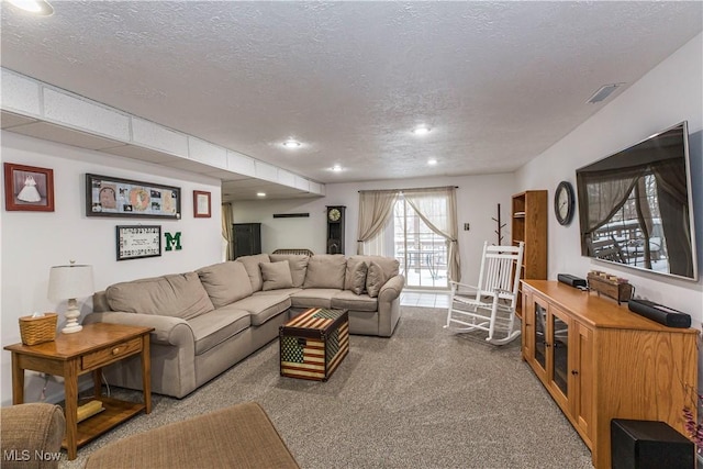 carpeted living room with a textured ceiling