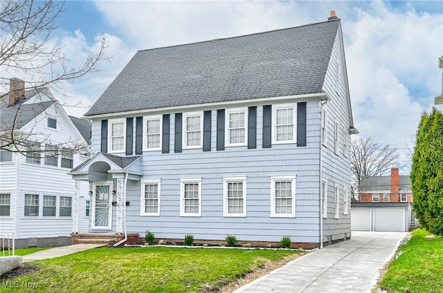 colonial home featuring an outbuilding, a front yard, and a garage