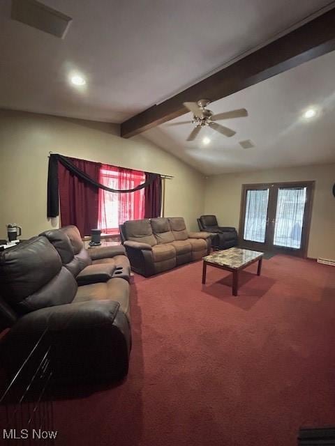 carpeted living room with vaulted ceiling with beams, ceiling fan, french doors, and plenty of natural light