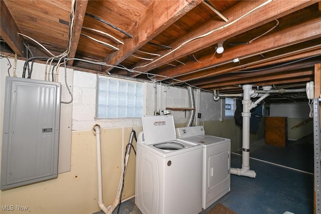 clothes washing area with independent washer and dryer and electric panel