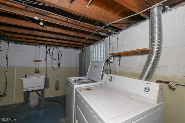 clothes washing area featuring sink and washing machine and clothes dryer