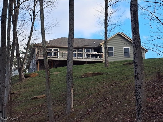 back of house featuring a deck and a yard