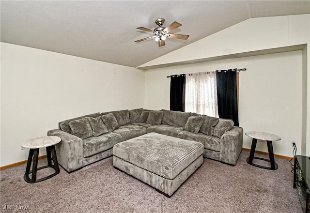 living room featuring carpet floors, ceiling fan, and lofted ceiling