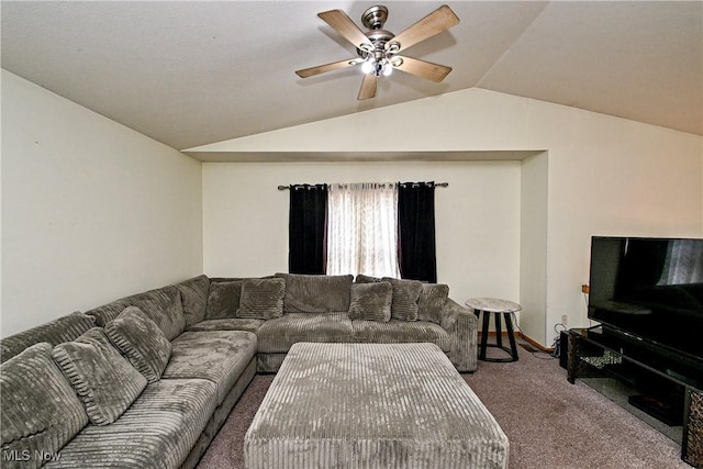 carpeted living room featuring ceiling fan and lofted ceiling