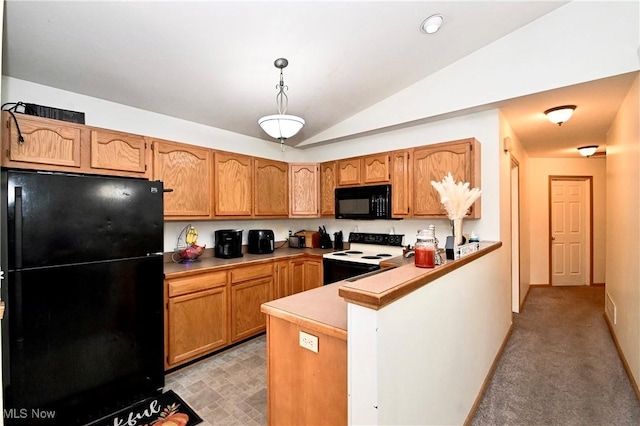 kitchen featuring black appliances, kitchen peninsula, hanging light fixtures, and vaulted ceiling