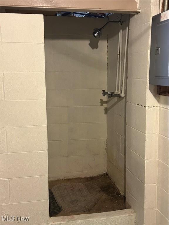 bathroom with electric panel and walk in shower