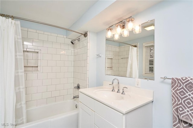 bathroom with vanity and shower / bathtub combination with curtain