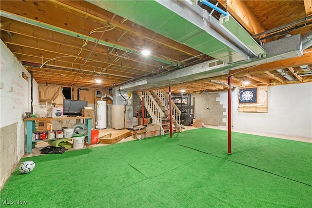 basement with heating unit and gas water heater