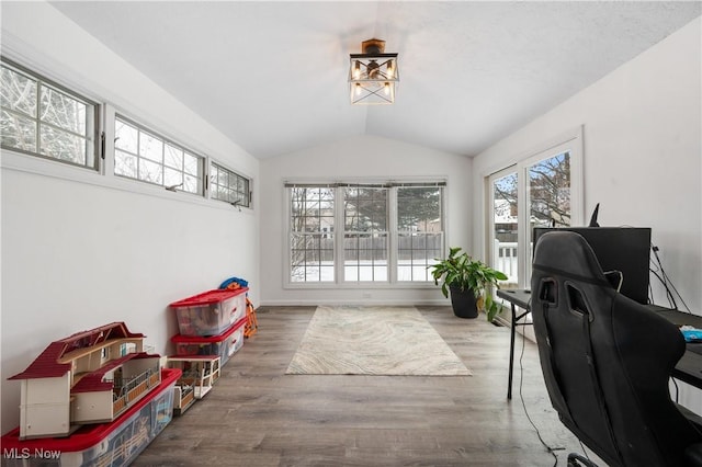 office area featuring lofted ceiling and wood-type flooring