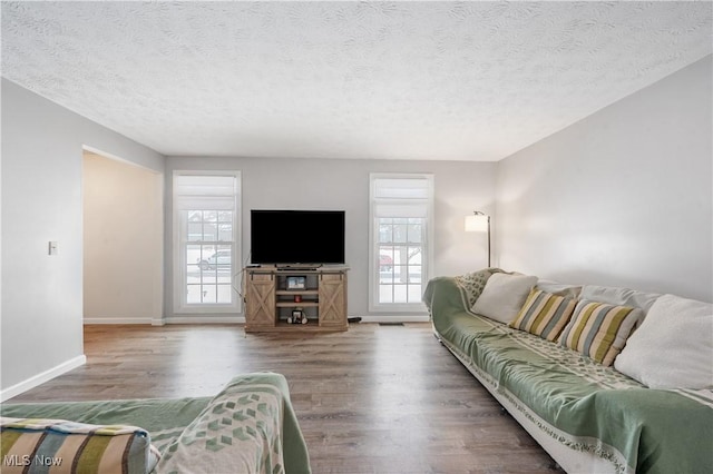 living room featuring a wealth of natural light, a textured ceiling, and hardwood / wood-style flooring