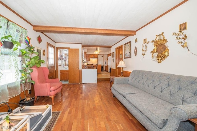 living room featuring beamed ceiling, wooden walls, hardwood / wood-style flooring, and ornamental molding