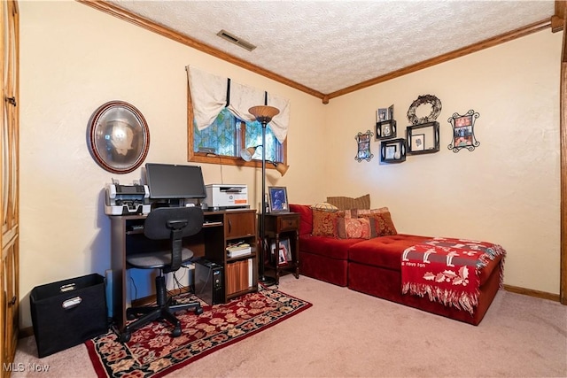 carpeted office with a textured ceiling and ornamental molding