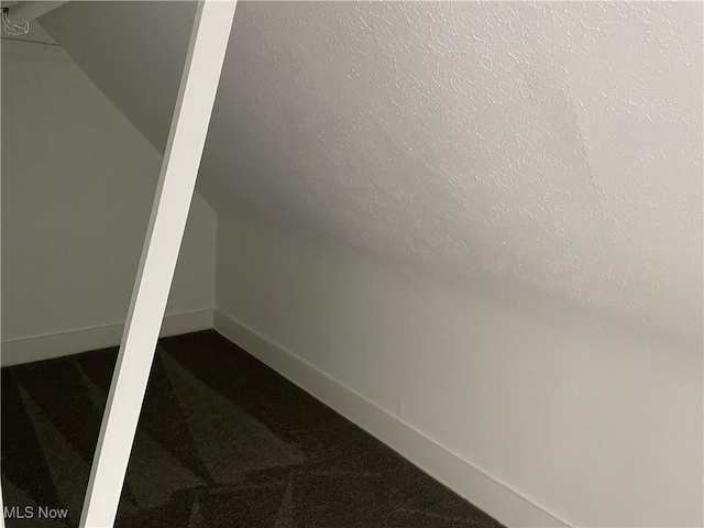 bonus room with a textured ceiling, carpet floors, and lofted ceiling