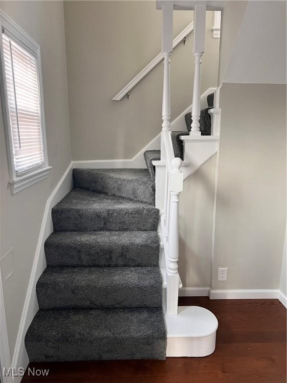 staircase with hardwood / wood-style floors