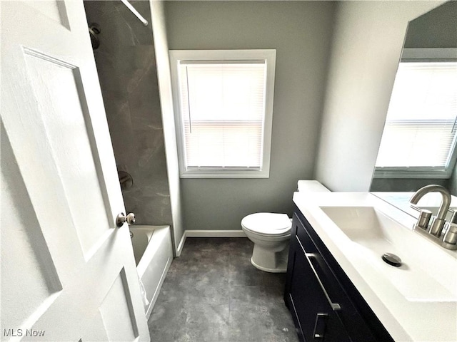 full bathroom with washtub / shower combination, vanity, and toilet