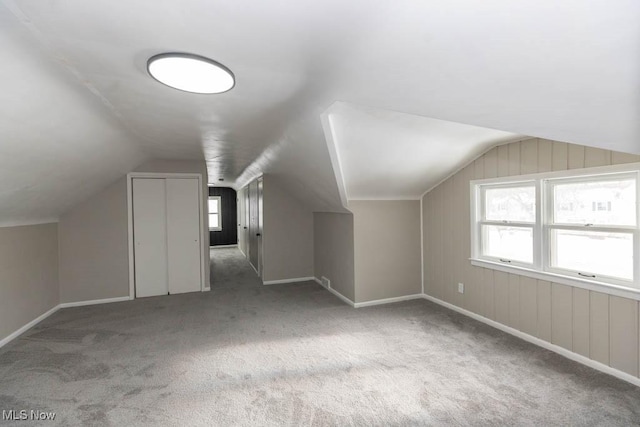 additional living space with light carpet and vaulted ceiling