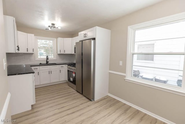 kitchen with sink, backsplash, light hardwood / wood-style floors, white cabinets, and appliances with stainless steel finishes