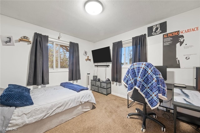 carpeted bedroom with a textured ceiling