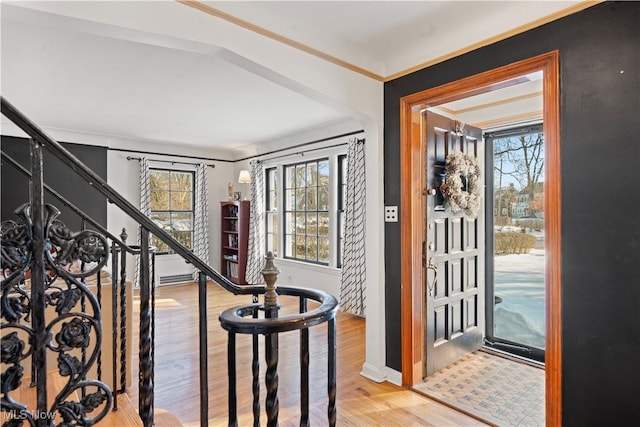 foyer entrance featuring hardwood / wood-style floors and crown molding