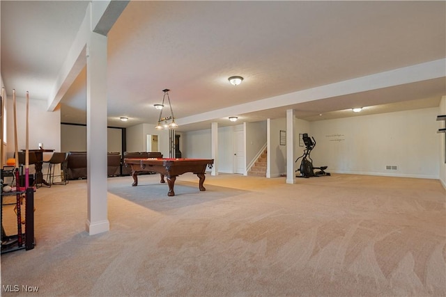 rec room with light colored carpet and pool table