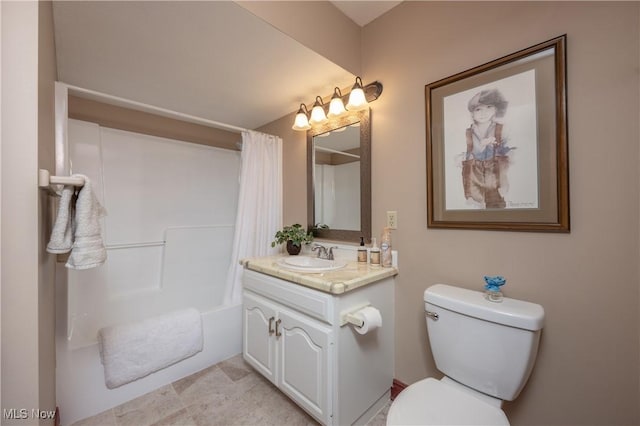 full bathroom with shower / bath combo, vanity, and toilet