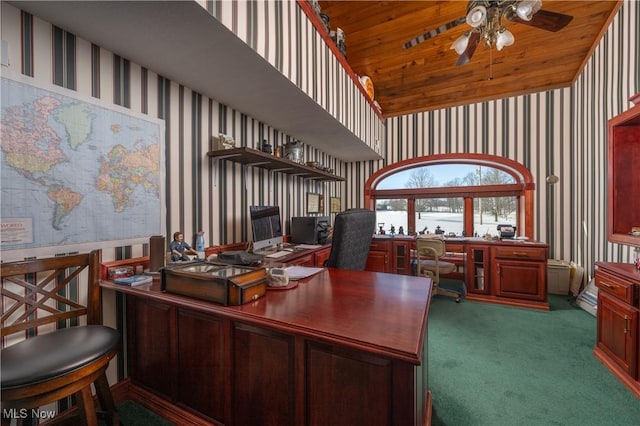 office area featuring ceiling fan, carpet floors, and wood ceiling