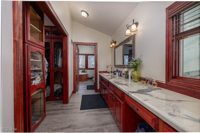 bathroom with vanity, wood-type flooring, and lofted ceiling