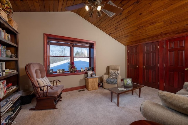 living area featuring light carpet, ceiling fan, wood ceiling, and lofted ceiling