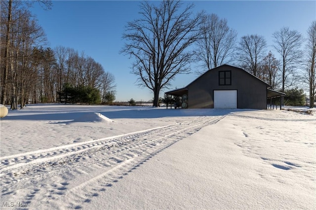 yard covered in snow with an outdoor structure