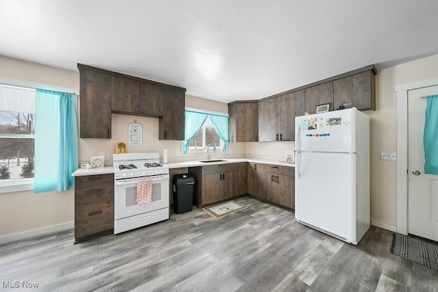 kitchen featuring dark brown cabinets, white appliances, light hardwood / wood-style floors, and sink