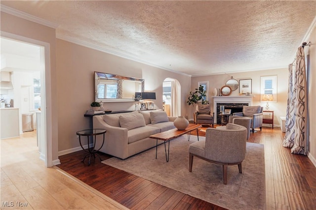 living room featuring a textured ceiling, light hardwood / wood-style flooring, and ornamental molding