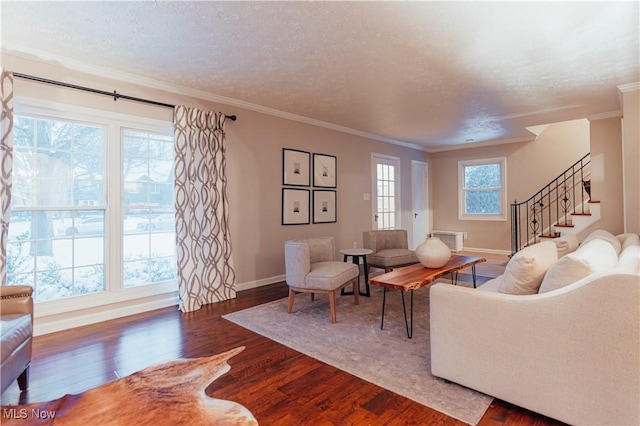 living room with dark hardwood / wood-style floors, ornamental molding, and a textured ceiling