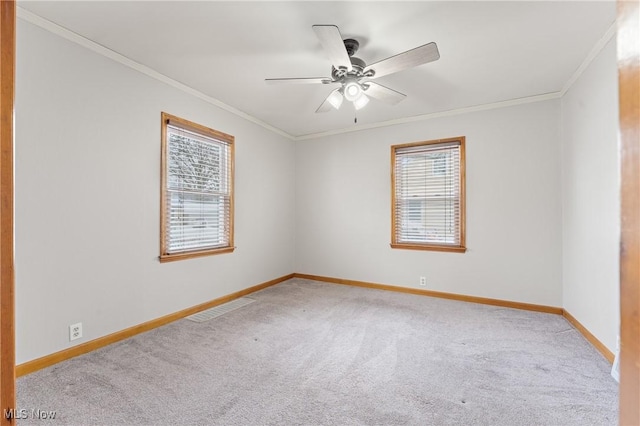 empty room with ceiling fan, ornamental molding, and carpet floors