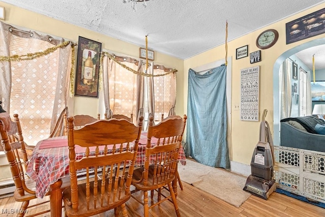 dining room featuring a healthy amount of sunlight, a textured ceiling, and hardwood / wood-style flooring