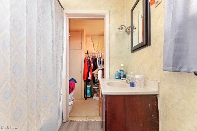 bathroom featuring hardwood / wood-style floors and vanity