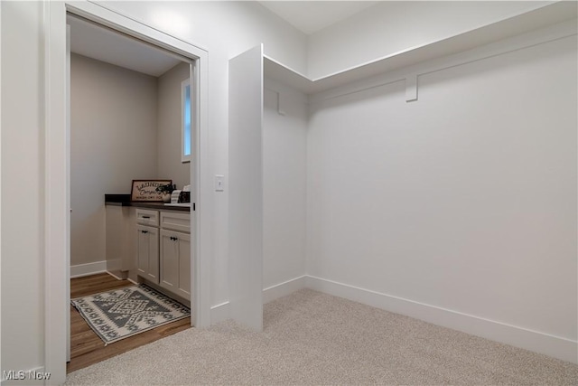 walk in closet featuring light carpet