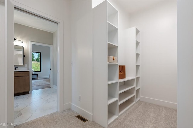 walk in closet featuring light carpet