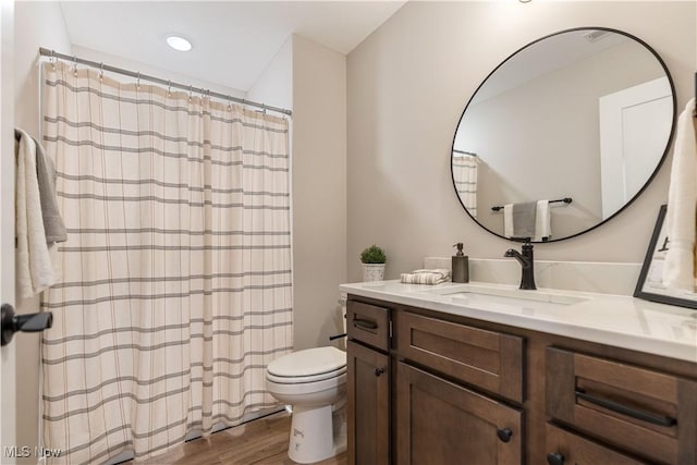 bathroom with vanity, wood-type flooring, and toilet