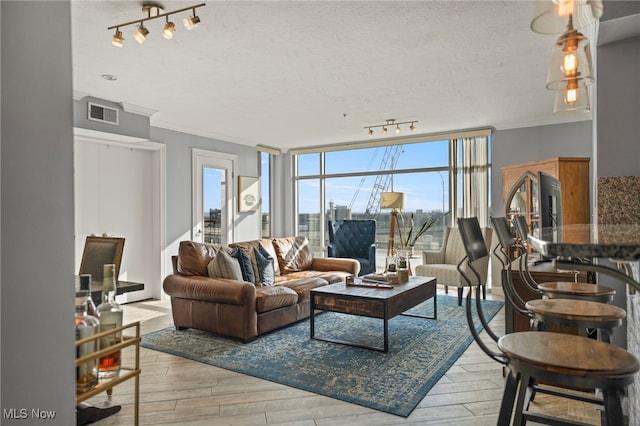 living room with a textured ceiling, floor to ceiling windows, and crown molding