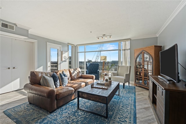 living room with crown molding, rail lighting, light hardwood / wood-style floors, and a textured ceiling