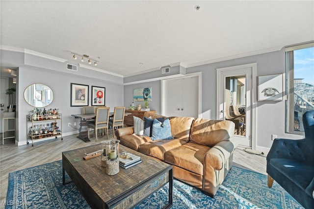 living room with hardwood / wood-style flooring, crown molding, a textured ceiling, and rail lighting