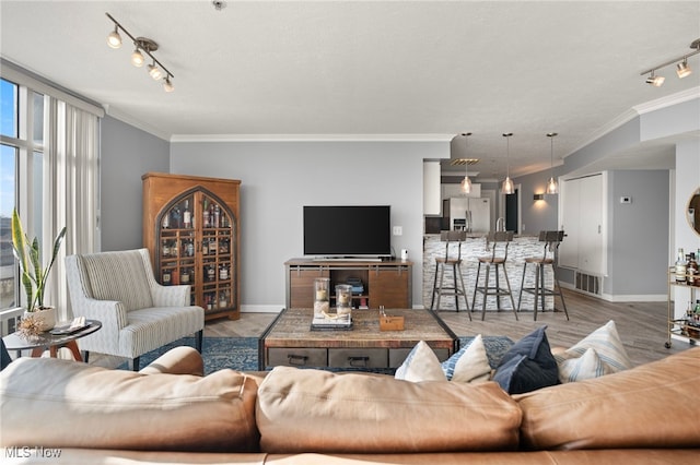 living room featuring light hardwood / wood-style floors and crown molding