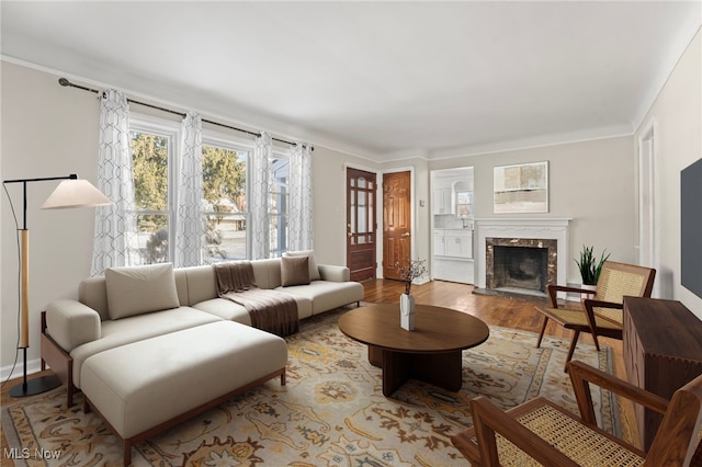 living room with light hardwood / wood-style flooring, crown molding, and a premium fireplace